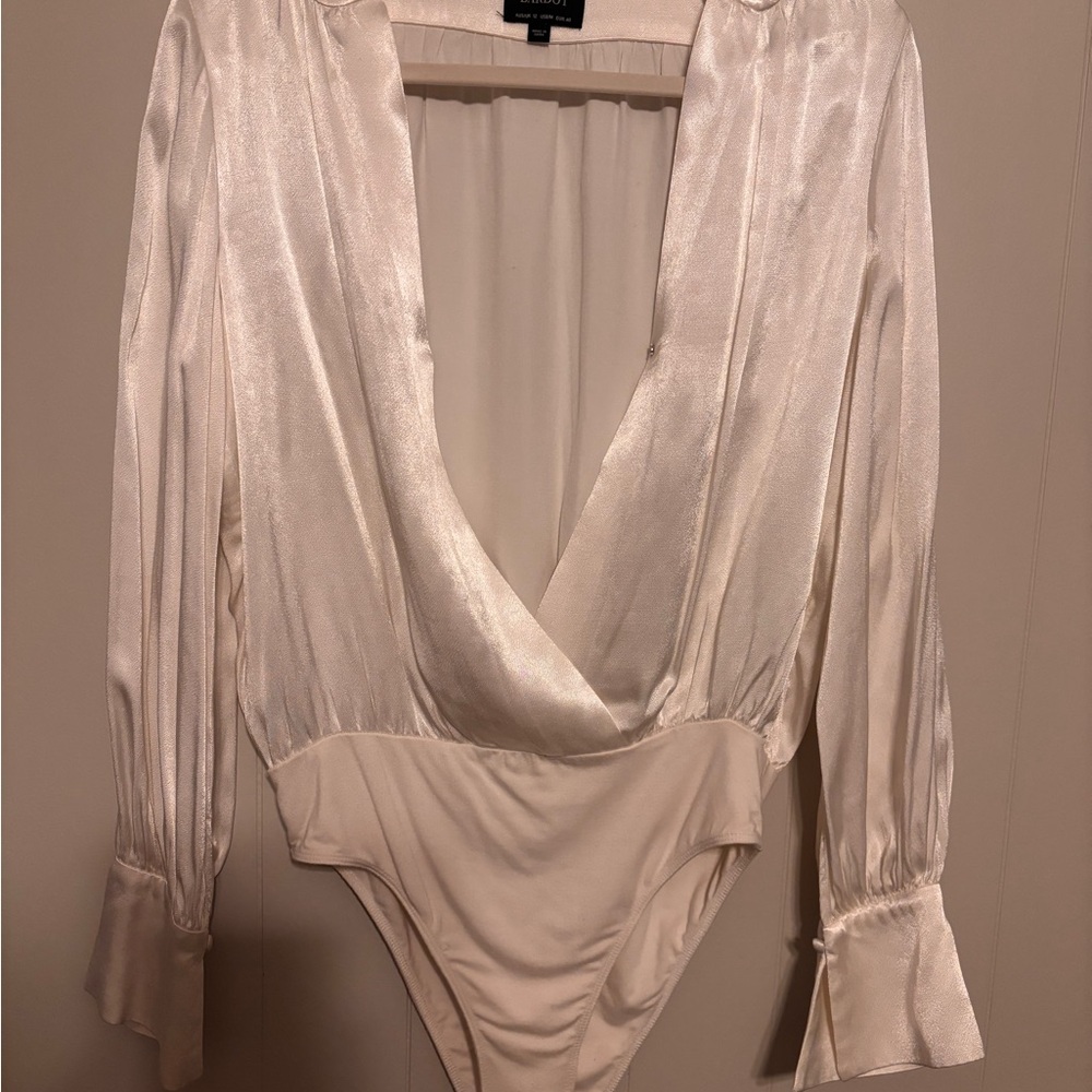 Bardot White Satin-Look Surplice Bodysuit